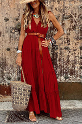 Vestido largo sin mangas con escote en V y encaje